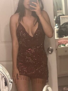 Sequin Fringe Mini Dress in Wine Red